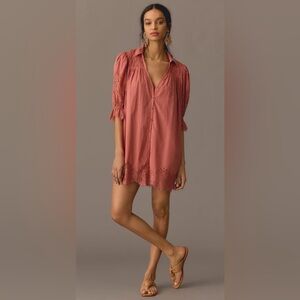 ANTHROPOLOGIE Lace Trim Button Front Tunic Mini Dress Pockets EUC Size Large